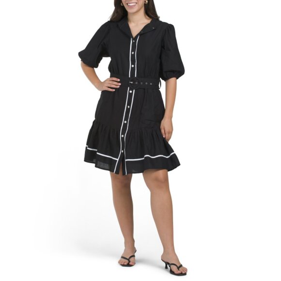 LEA Black/White Short Sleeve Contrast Trim Mini Dress With Covered Belt - Picture 1 of 2